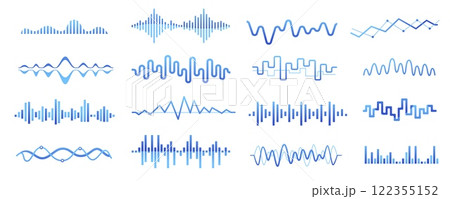 Audio podcast sound wave. Music song waveform, radio broadcast voice track, equalizer curve pulse, sound vibration amplitude level. Vector isolated set Audio podcast sound wave. Music song waveform, radio broadcast voice track, equalizer curve pulse, sound vibration amplitude level. Vector isolated set 122355152