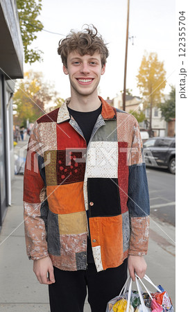Smiling man in a patchwork second hand jacket Smiling man in a patchwork second hand jacket 122355704