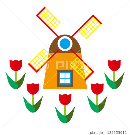春をイメージさせる風車と赤いチューリップのシンプルなイラスト 白背景 春をイメージさせる風車と赤いチューリップのシンプルなイラスト 白背景 122355912