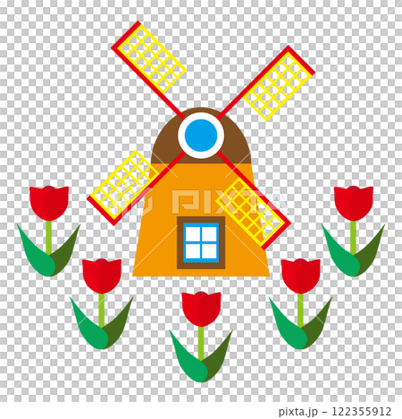 風車和紅色鬱金香的簡單插圖，讓人想起春天的形象，白色背景 122355912