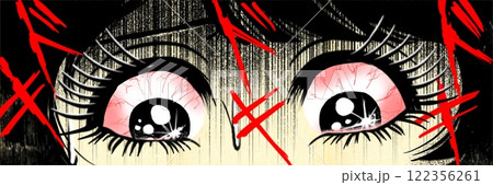 動揺して怯える少女の昭和ホラー漫画風ヘッダーイラスト 122356261
