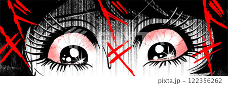 動揺して怯える少女の昭和ホラー漫画風ヘッダーイラスト 122356262