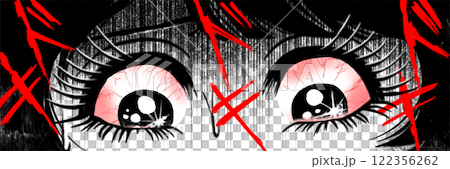 動揺して怯える少女の昭和ホラー漫画風ヘッダーイラスト 122356262