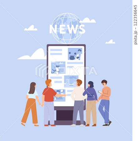 People crowd reading worldwide news on billboard. Information for citizens, public media. Women and men stand near info point, vector scene People crowd reading worldwide news on billboard. Information for citizens, public media. Women and men stand near info point, vector scene 122356645