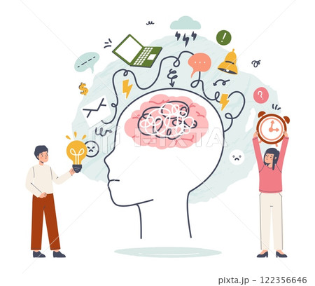 Overthinking brain. Overloaded person, multitasking and fatigue. Office worker, workaholic abstract character. Mental psychology health, vector concept Overthinking brain. Overloaded person, multitasking and fatigue. Office worker, workaholic abstract character. Mental psychology health, vector concept 122356646