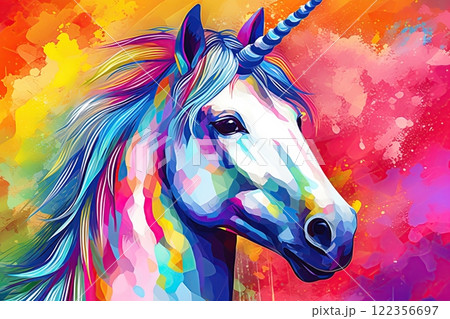 White unicorn in Rainbow flag colors. Symbol of lgbt gay community and homosexuality. Generative Ai 122356697