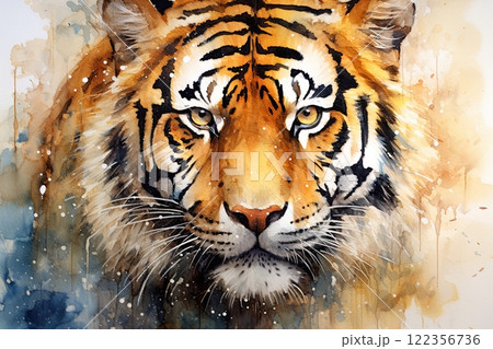 Tiger portrait. Watercolor style art design. Poster, print. Generative Ai 122356736