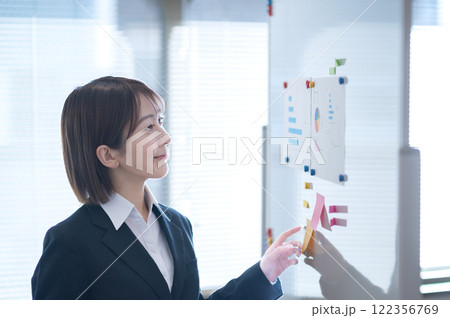 ホワイトボードに書き込みする若いビジネスウーマン ホワイトボードに書き込みする若いビジネスウーマン 122356769