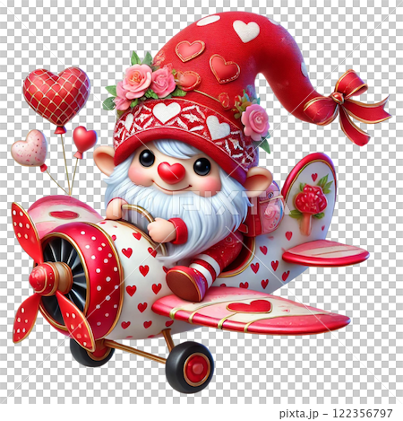 A cheerful gnome pilot flying a heart-themed airplane. Valentine clipart cartoon. 122356797