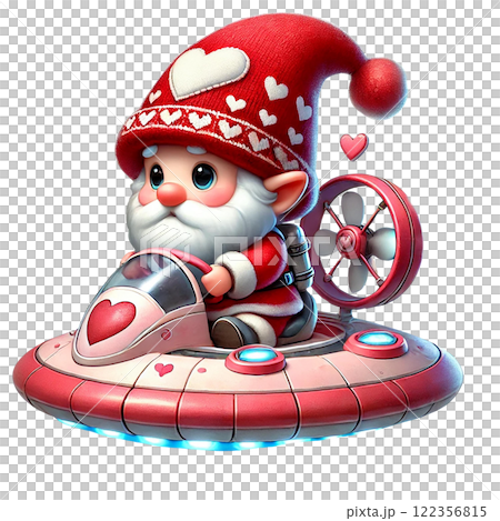A whimsical gnome in a heart-patterned hovercraft. Valentine clipart cartoon. A whimsical gnome in a heart-patterned hovercraft. Valentine clipart cartoon. 122356815