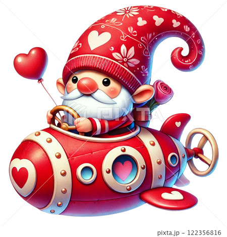 A whimsical gnome joyfully riding a love-themed submarine. Valentine clipart cartoon. 122356816