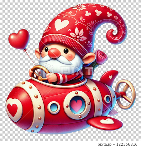 A whimsical gnome joyfully riding a love-themed submarine. Valentine clipart cartoon. 122356816
