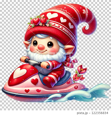 Cute gnome in a pink jet ski, celebrating love and leisure. Valentine clipart cartoon. 122356834