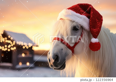 Portrait of a white horse wearing Santa Claus hat in the Christmas night. Generative Ai 122356964