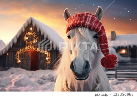 Portrait of a white horse wearing Santa Claus hat in the Christmas night. Generative Ai 122356965