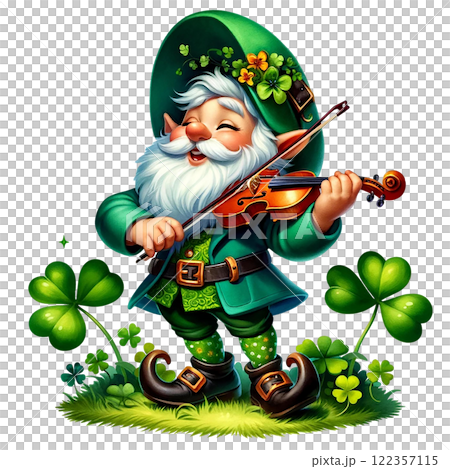A cheerful leprechaun playing a violin among clovers. St. Patrick's day clipart cartoon 122357115