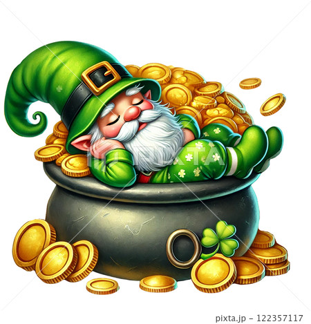 A cheerful leprechaun sleeps in a pot of gold, embracing fortune. St. Patrick's day clipart cartoon 122357117