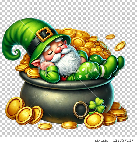 A cheerful leprechaun sleeps in a pot of gold, embracing fortune. St. Patrick's day clipart cartoon 122357117