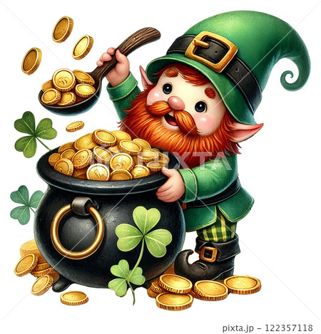 A cheerful leprechaun with a pot of gold and clovers. St. Patrick's day clipart cartoon 122357118