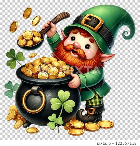 A cheerful leprechaun with a pot of gold and clovers. St. Patrick's day clipart cartoon 122357118
