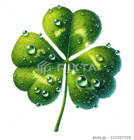 Vivid clover leaf adorned with crystal-clear water droplets. St. Patrick's day clipart cartoon 122357158