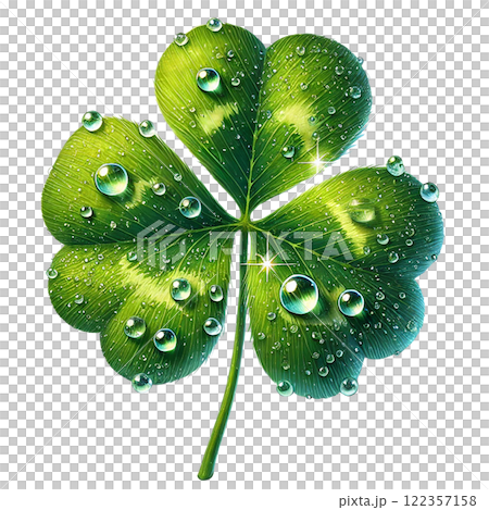 Vivid clover leaf adorned with crystal-clear water droplets. St. Patrick's day clipart cartoon 122357158