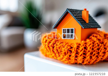 A small orange house sitting on top of a white table 122357210