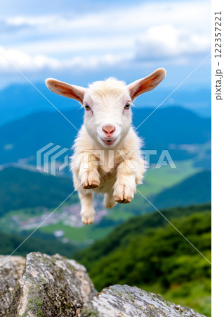 A baby goat jumping over a rock in the air 122357221