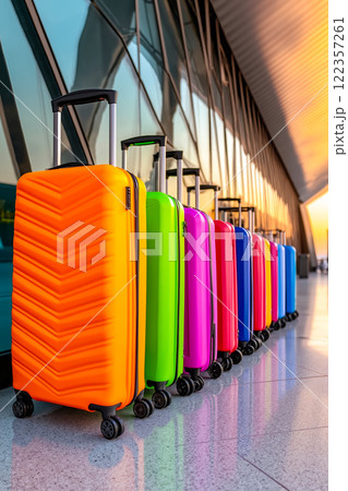 A row of colorful suitcases lined up in an airport terminal 122357261