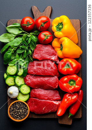 A wooden cutting board topped with meat, vegetables and spices 122357336