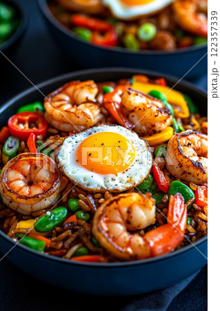 A close up of a bowl of fried rice with shrimp and vegetables 122357339