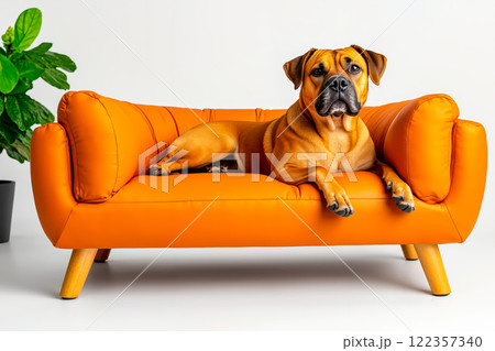 A dog laying on an orange couch next to a potted plant 122357340