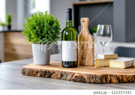 A bottle of wine and cheese on a cutting board on a table 122357341