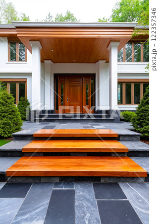 A large white house with a wooden front door and steps A large white house with a wooden front door and steps 122357346