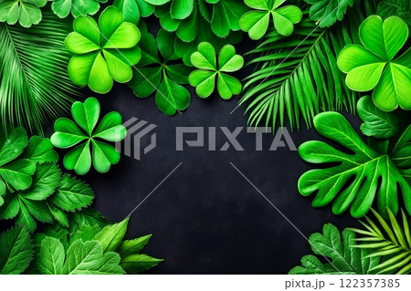 A frame made of green leaves on a black background 122357385