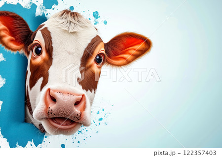 A brown and white cow peeking out from behind a blue wall 122357403