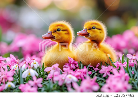 Two ducklings in a field of flowers 122357462