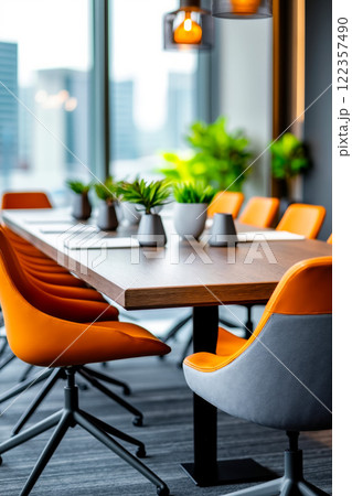 A long wooden table with orange chairs in a conference room 122357490