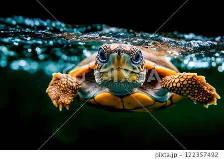 A turtle swimming in the water with its head above the water surface 122357492
