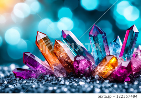 A bunch of colorful crystals sitting on top of a pile of rocks 122357494