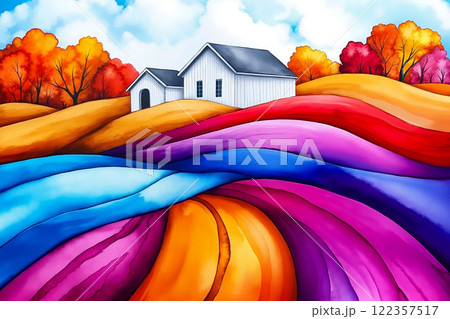 A painting of a white house in the middle of a field 122357517