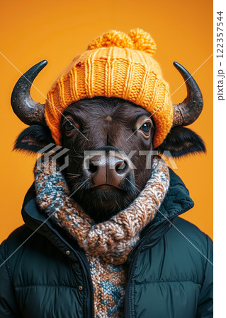 A buffalo wearing a knitted hat and scarf 122357544