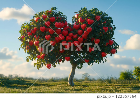 A heart shaped apple tree in the middle of a field 122357564