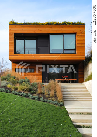 A modern house with a green roof on the side of it A modern house with a green roof on the side of it 122357609