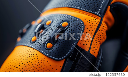 A close up of a pair of orange and black gloves 122357680