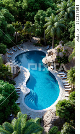 A large swimming pool surrounded by palm trees and rocks 122357691