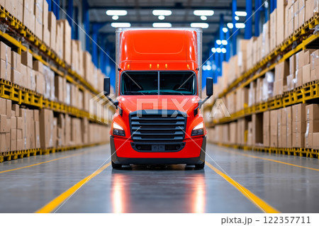 A red semi truck driving through a large warehouse filled with boxes 122357711