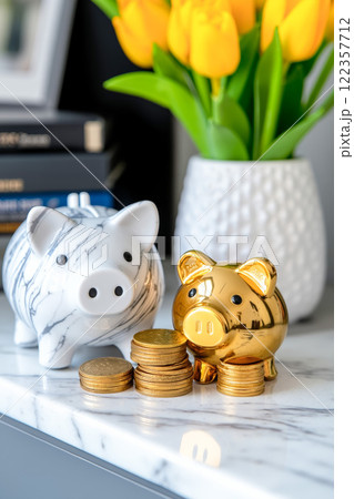 A couple of piggy banks sitting on top of a table next to a pile of coins 122357712