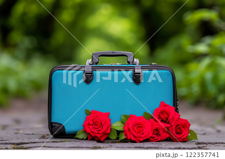 A blue suitcase with red roses sitting on the ground 122357741