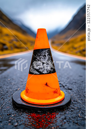 A traffic cone sitting on the side of a road A traffic cone sitting on the side of a road 122357742